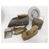 Vintage Planer, iron, scoops, pot and strainer