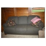 Mastercraft Sofa; Green material with nailhead tri
