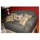 Loveseat-Mastercraft-Green tapestry nailhead trim