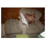 Sage Green/Tan Chair with ottoman;2 Throw pillows