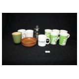Coffee Mugs (8); Vinegar Bottle; Plastic Bowls