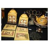 Yellow/Tuscan Canisters w/iron bases; plaquues