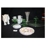 Green Glass serving tray,Candlestick hodlers;décor