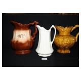 Ceramic Pitchers; White, Brown and Floral Brown