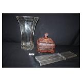 Hoosier Glass Vase; Pink Covered Candy Dish