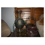Metal Vase, Basket, pie shelf and bowl