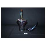 Irridescent Glass Basket;Irridescent Bird Figurine