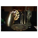 Brass Candlesticks; Vase; Plate-Gold tones; Statue