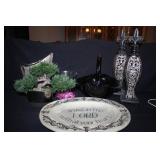Black Glass basket 11" tall; Platter 15" dia.;Vase