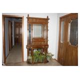 Wooden Hall Tree with Belveled Mirror and Storage