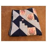 Hand Quilted Quilt; Blues w/Floral Design;