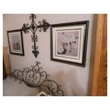 Wall Art; 2-Floral Prints; 1-Metal Cross;