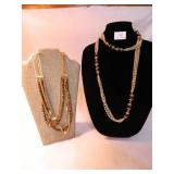 Gold Tone long necklace w/beads;Amber Multi-string