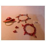 Red Hatter Brooch;2 Bracelets and Pierced