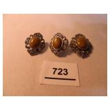 Silvertone Pierced earrings w/Brown Stone