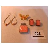 Coral Pendant w/stone matching pierced earrings