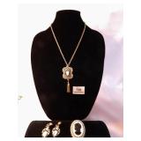 Cameo Necklace w/clip earrings; gold tone w/tassel