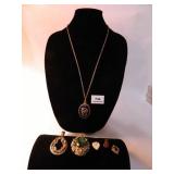 Gold Tone Pendants and Necklace-Large Blue