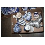 Blue & White Containers; Animal Figurines;