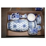 Blue & White Vase; TeaPot; Containers w/Lids;