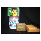 Advertising Tins-(3); Wooden Desk Drawer;