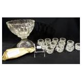 Glass Punch Bowl, Cups (12), Glass Ladles (2)