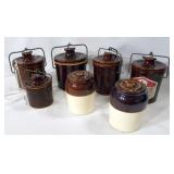 Crockery Jugs, lids, some with bales (7)