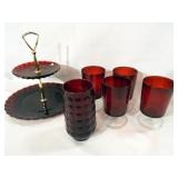 Red Glass Serving Tray, Glasses (5)