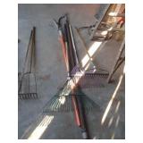 2- tree pruners, garden rake, 2- leaf rakes