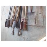 4 post hole diggers, rake, 2-forks