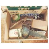 Pipe wrench, old license plates, timer,