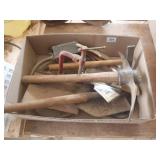 folding shovel, paint brushes, slag hammer, pick