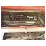 Red tool box, adjustable wrenches, wrenches,