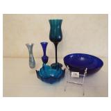 Blue Glass Bowls, Vases (5)
