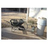 Metal Wheelbarrow w/crack in side; Hoses; Trashcan