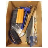 Brushes, paint tools, Caulk Gun and various items Brushes, paint tools, Caulk Gun and various items