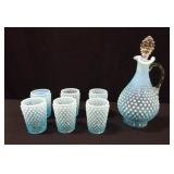 Blue Hobnail Decanter & Glasses - 7 count