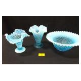 Blue Hobnail Bowl and Vases - 3 count