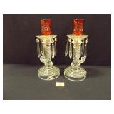 Candle Holders; vintage clear glass w/glass prisms