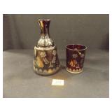 Ruby / Cranberry Cut Glass Carafe and Cup Ruby / Cranberry Cut Glass Carafe and Cup