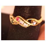 Womens gold ring, clear & red stones