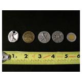 5 various metal material pocket tokens