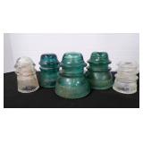 5 vintage green and clear Glass Insulators