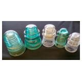 5 vintage green and clear Glass Insulators