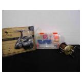 2 Fishing Reels 1 vintage, R2F tackle box