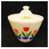 FireKing Grease Jar w/lid; 6¼" h x 5½" d. at top