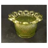 Green Glass Container w/lace edge; 3½" h.