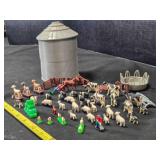 Miniature farm animals, silo, hay feeder
