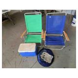 2 folding yard chairs, 2 coolers