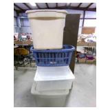 5 storage Totes-3 have lids, 1 no lid